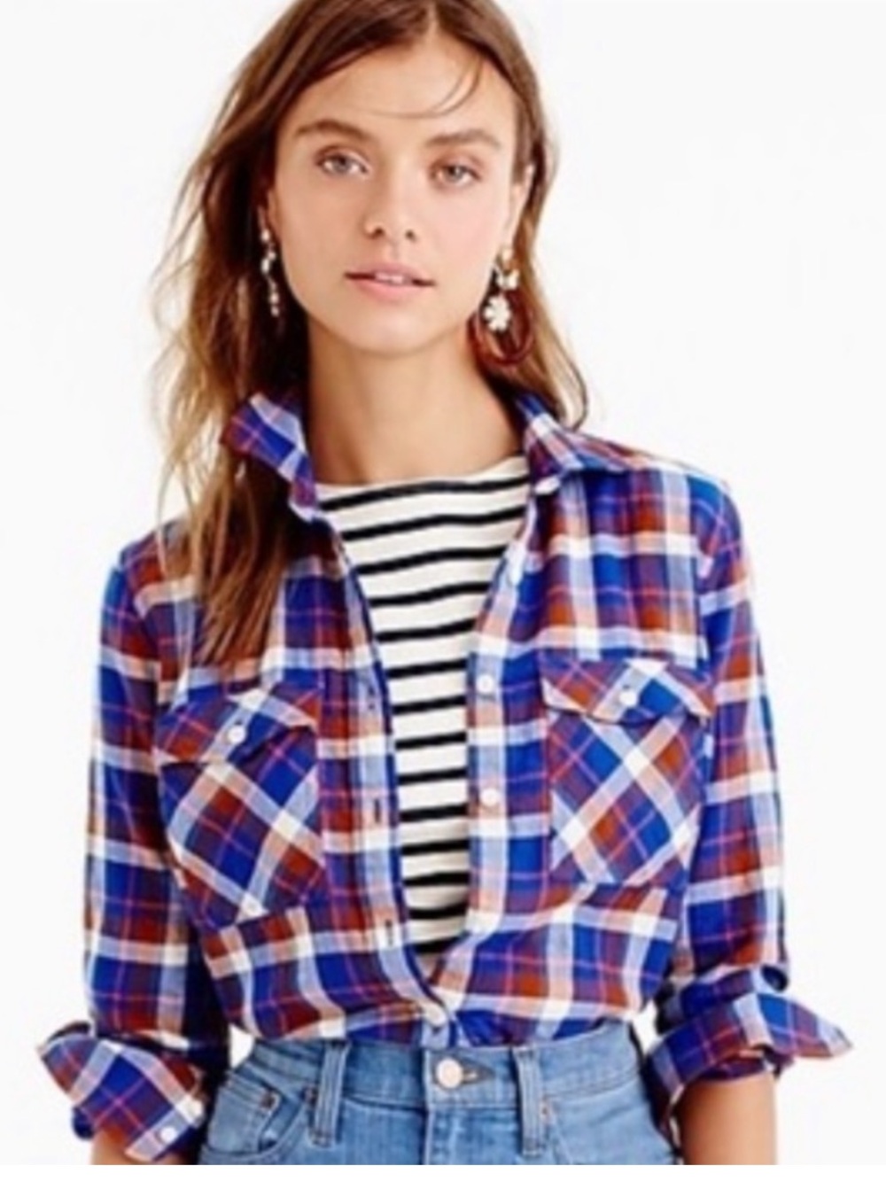 J.Crew Blue & Rust Plaid Cotton Button-Up Shirt Size 8